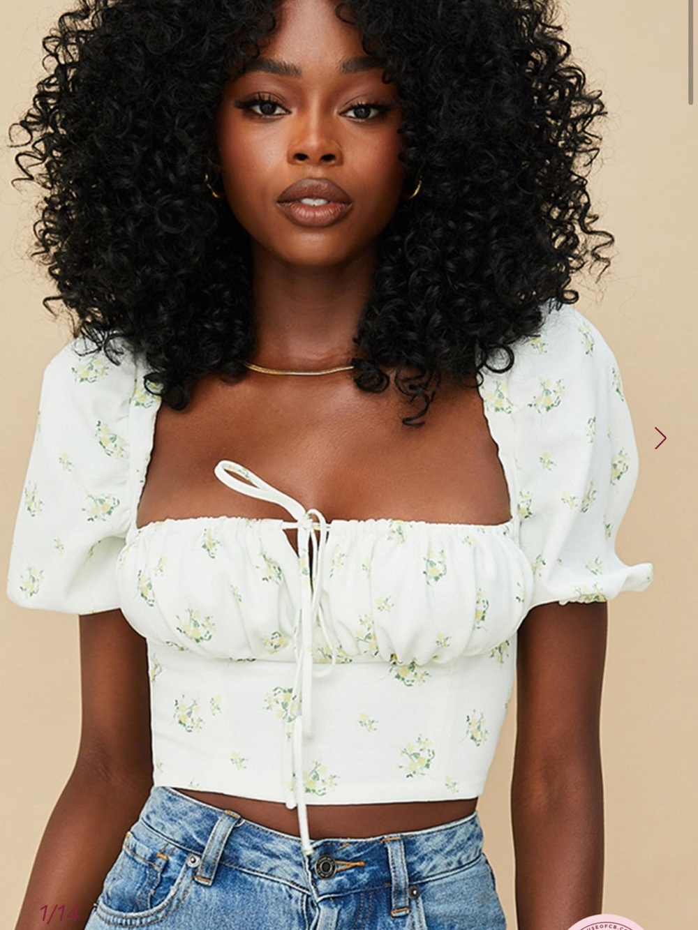 House of CB Ivory Floral Puff Sleeve Cropped Top | Small